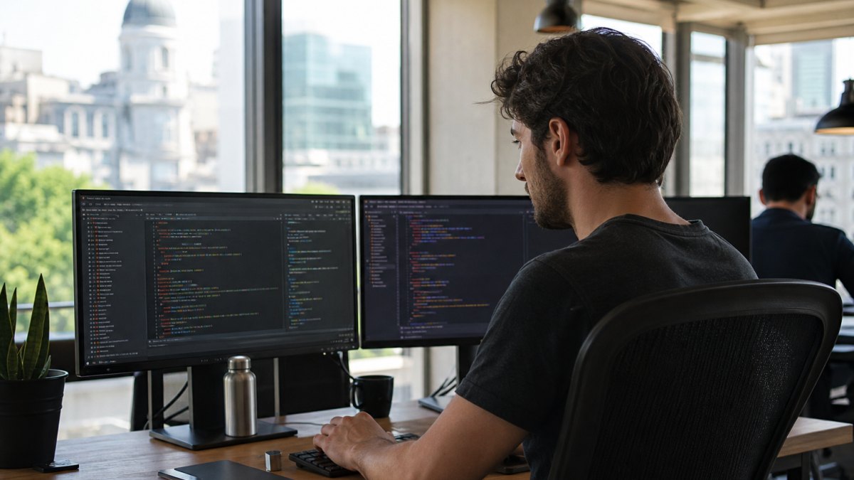 Equipo de desarrollo web revisando wireframes y código en oficina argentina