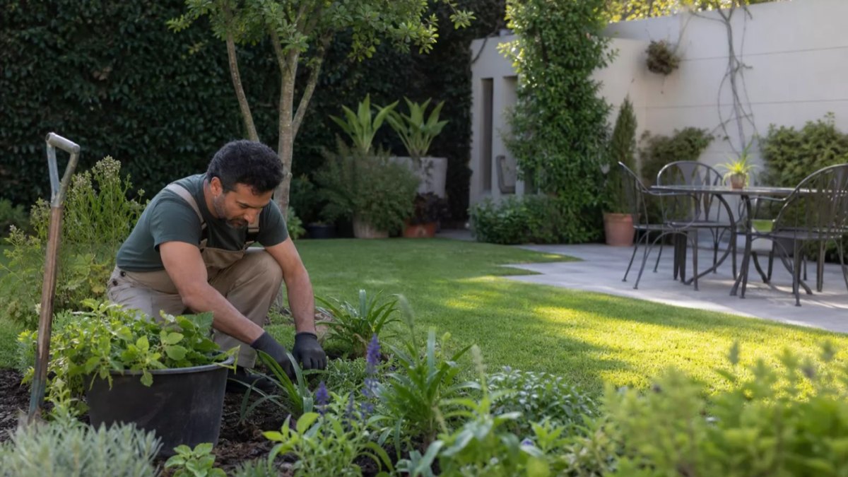 Jardín residencial con césped, plantas y sistema de irrigación