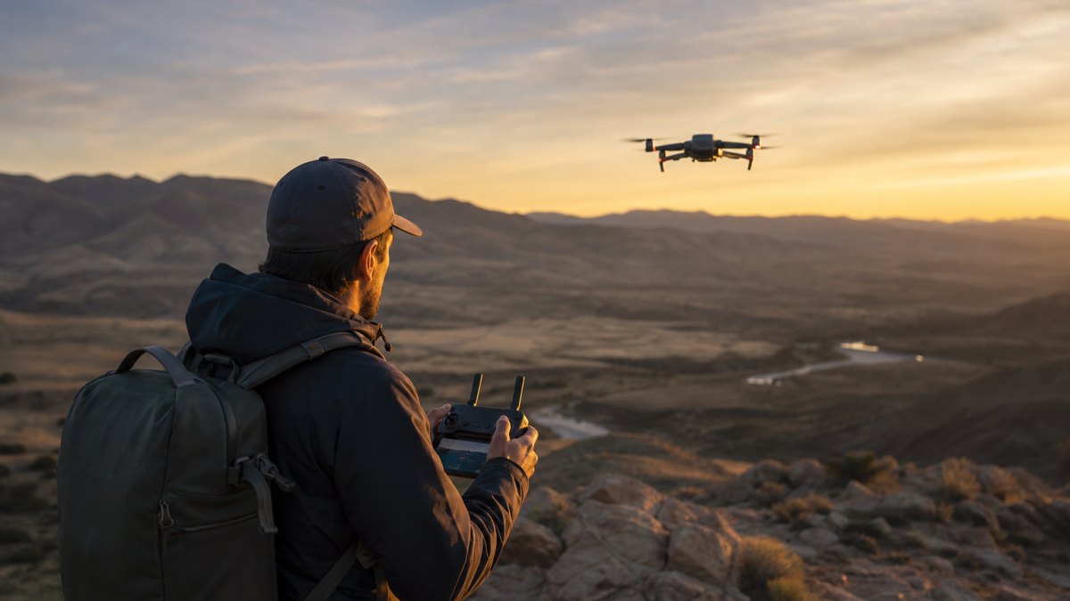 Operador de drone filmando toma aérea de evento en exterior