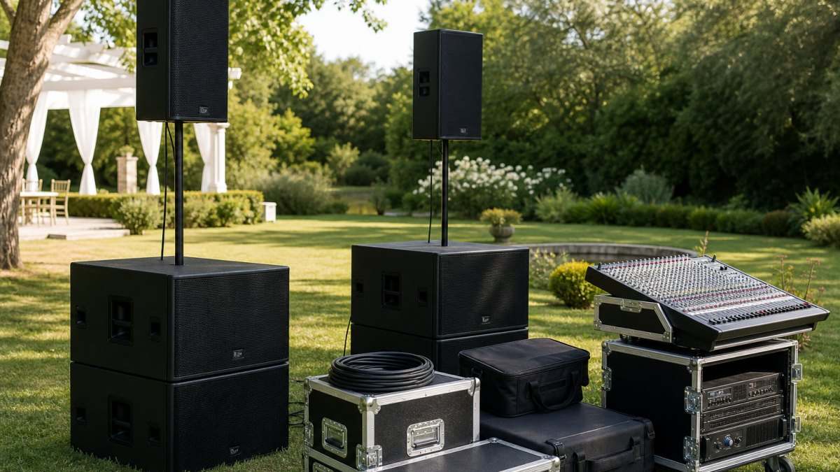 Rack de equipos de sonido en alquiler listos para evento con consolas y parlantes