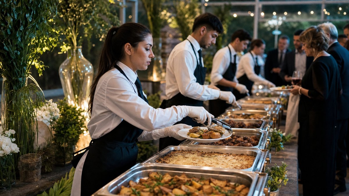 Servicio de catering para eventos con mesa de platitos y montaje elegante