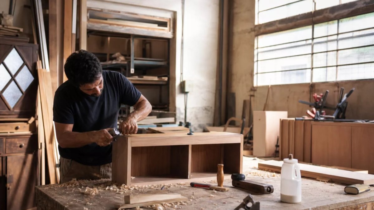 Carpintero ajustando puerta de madera en vivienda