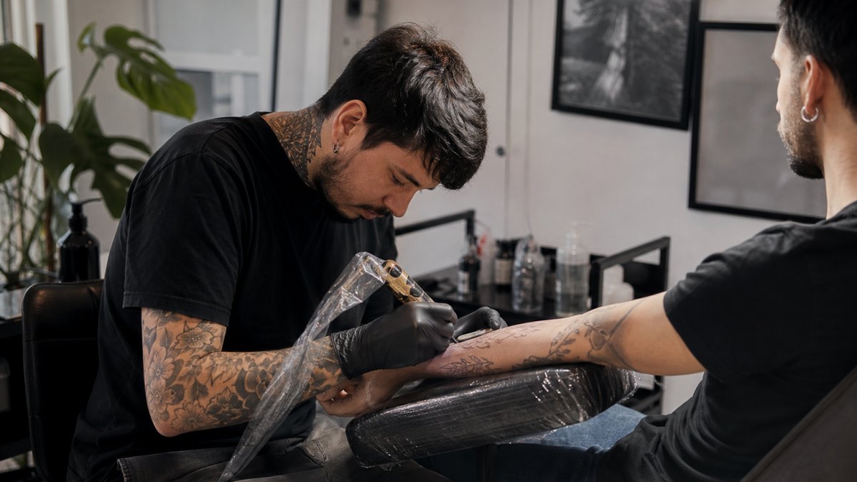 Tatuador profesional trabajando un diseño en sesión dentro de estudio
