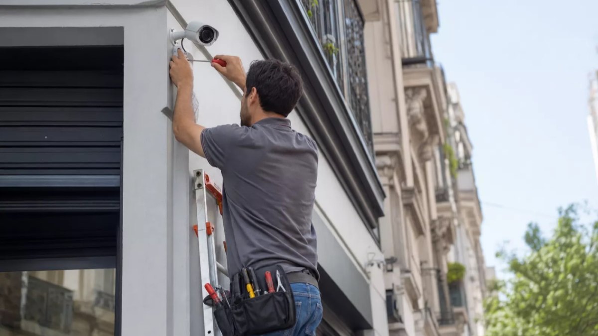 Cámaras de seguridad IP instaladas en fachada comercial