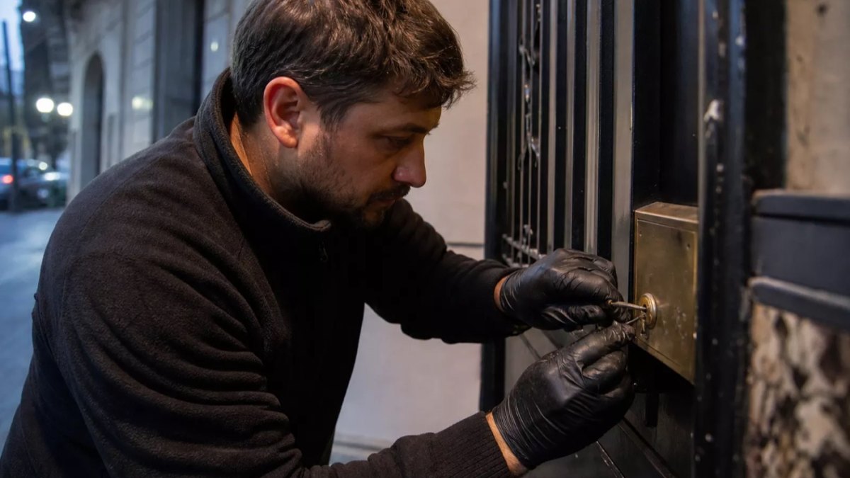 Cerrajero cambiando cilindro de cerradura en puerta de entrada