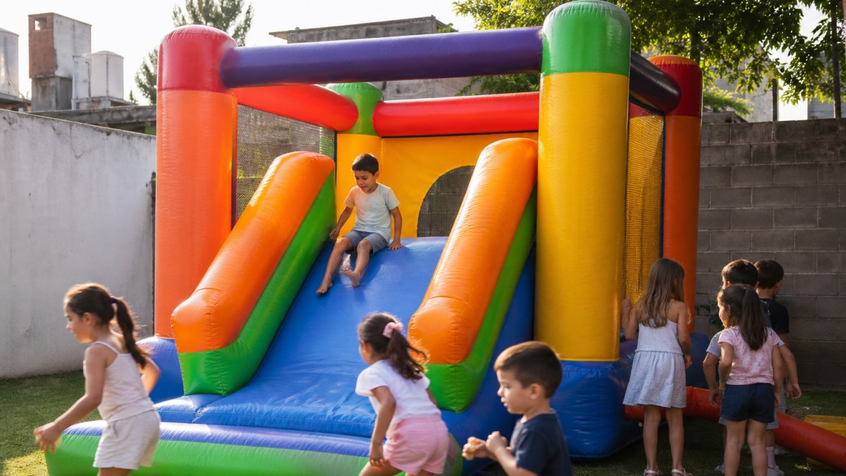 Inflables para fiestas infantiles montados en jardín con niños jugando