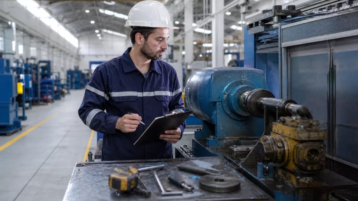 Técnico en planta industrial realizando mantenimiento preventivo
