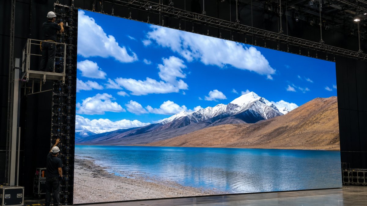 Pantalla LED gigante montada en escenario de evento corporativo