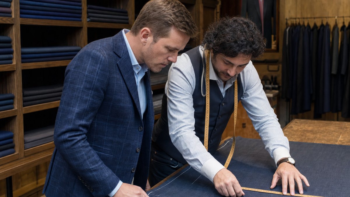 Sastre tomando medidas para ropa a medida en atelier