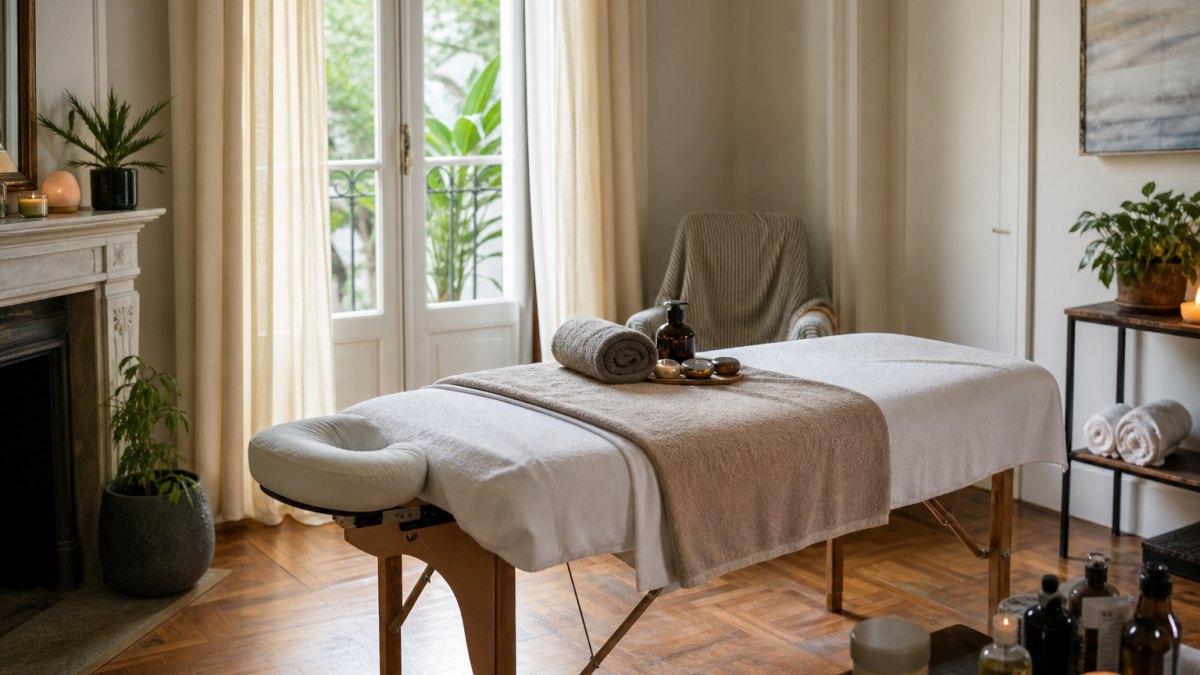 Spa móvil montado en domicilio con camilla, toallas y ambientación