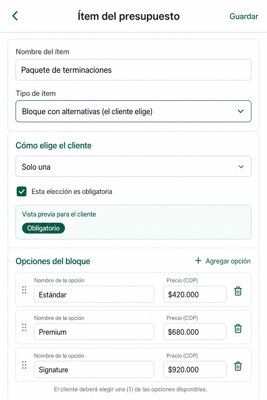 Formulario de ítem compuesto con alternativas Estándar, Premium y Signature