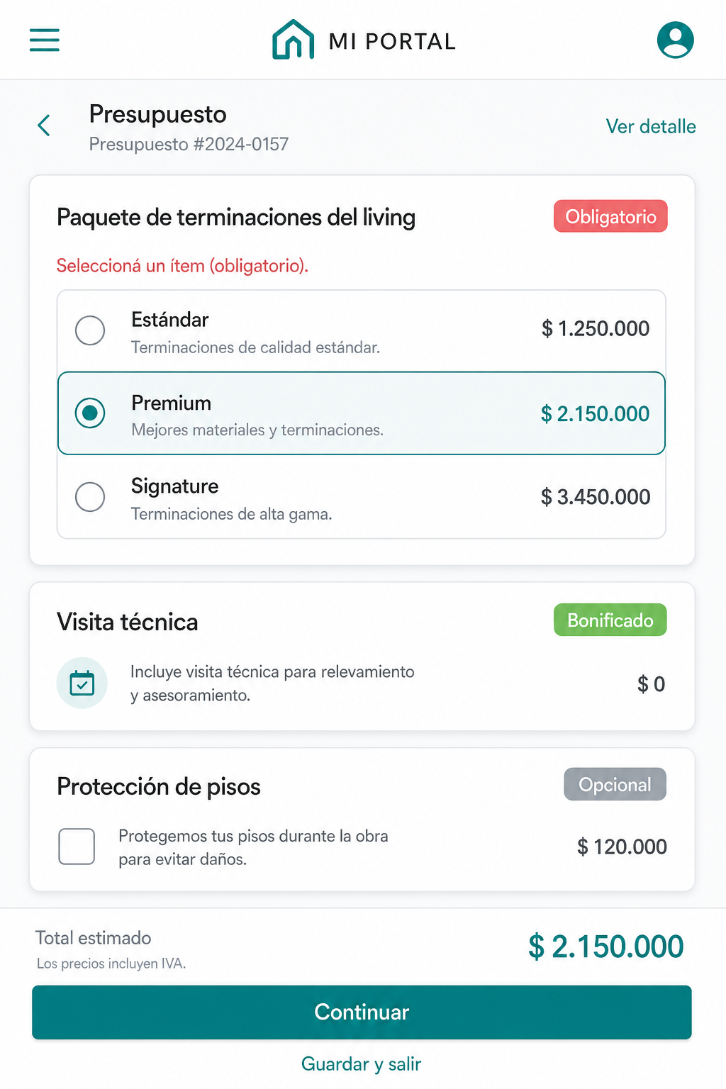 Portal del cliente con badges Obligatorio, Opcional y Bonificado