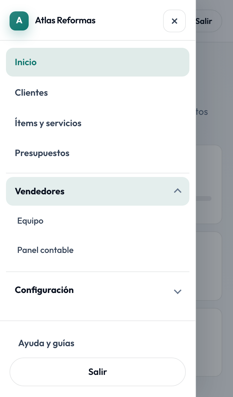 Menú mobile con sección Vendedores abierta