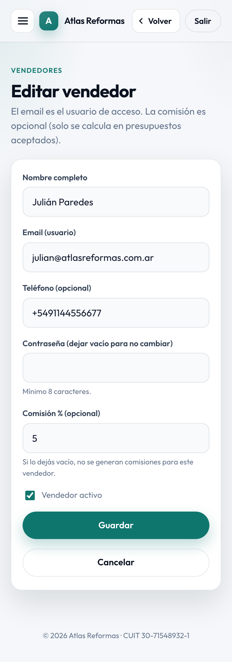Formulario de alta o edición de vendedor