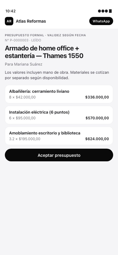Portal del cliente con presupuesto formal